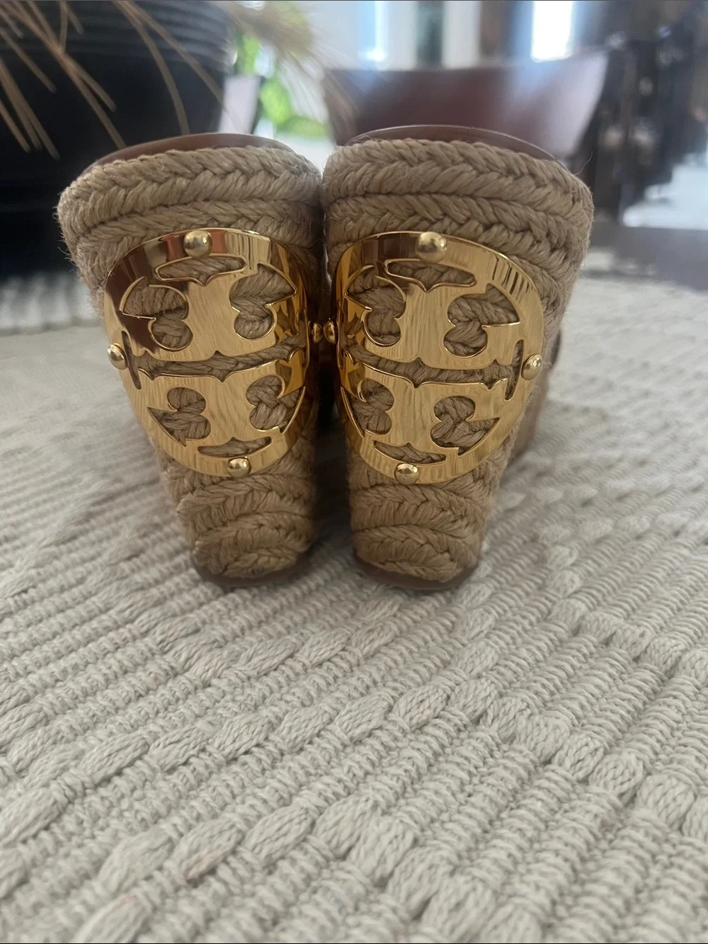 Tory Burch Cognac Suede Crisscross Espadrille Slides